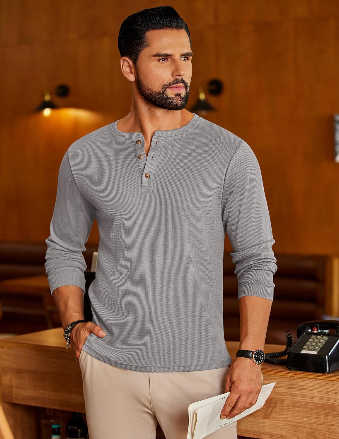 Men's waffle Henley long-sleeve shirt in dark gray, button placket at neckline