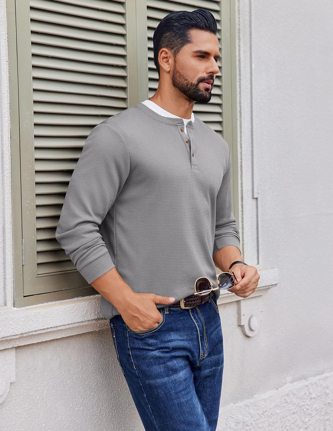 Men's waffle Henley long-sleeve shirt in light gray, front button placket