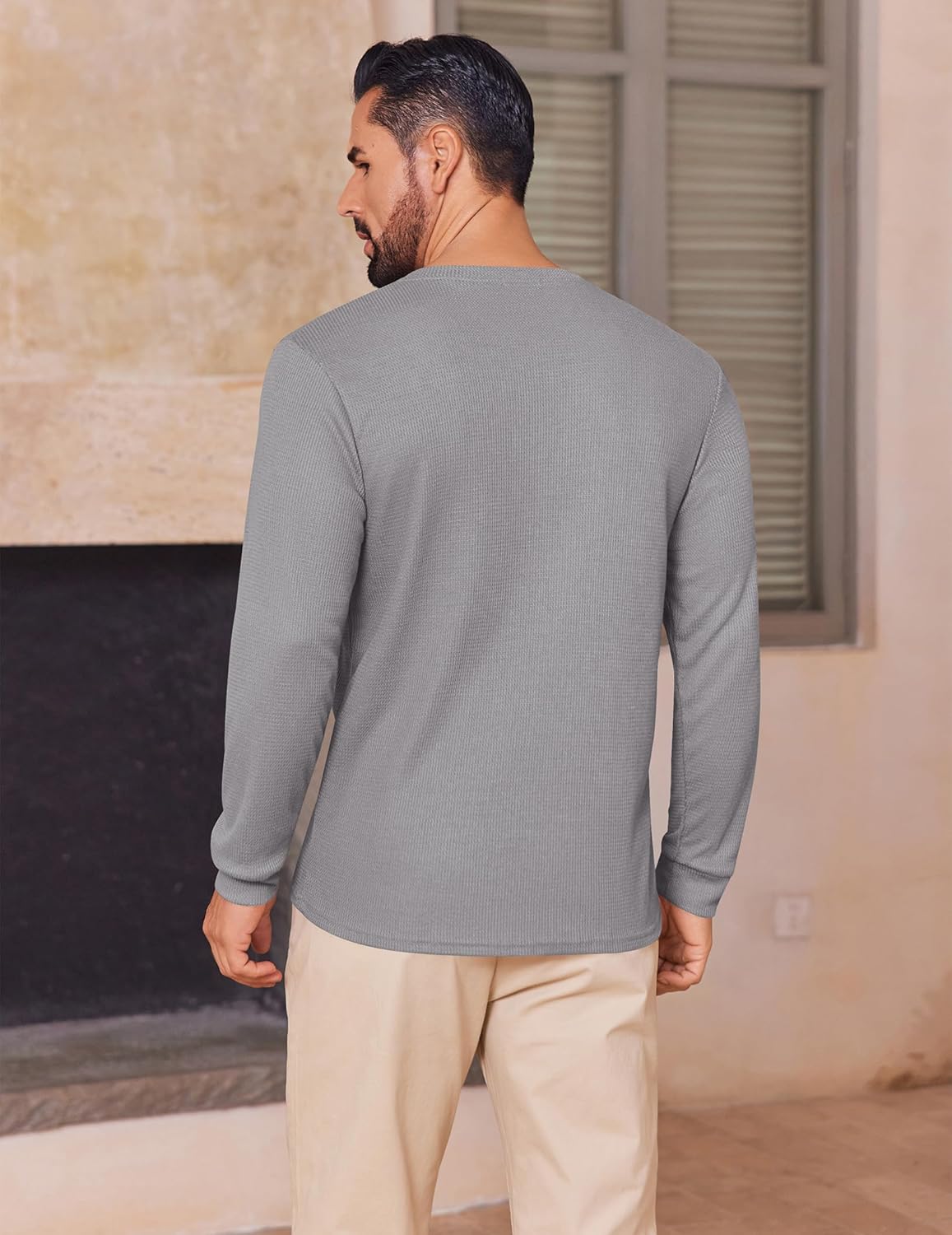 Men's waffle Henley long-sleeve shirt in dark gray, back view