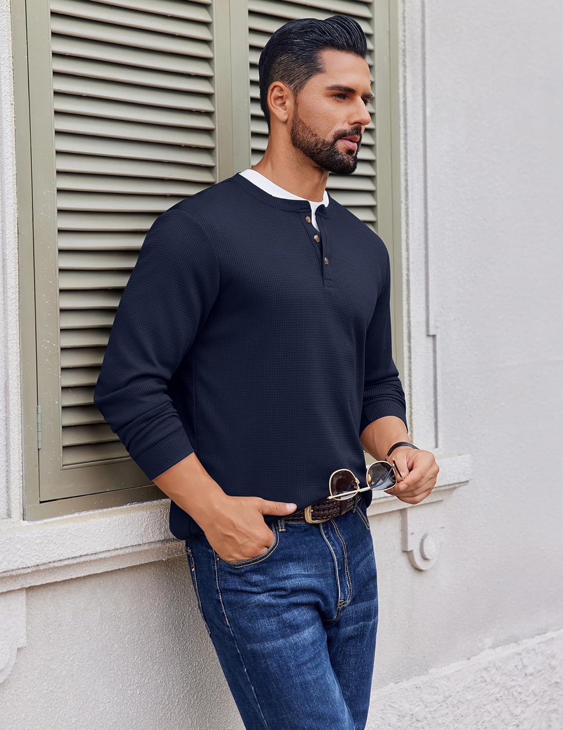 Navy blue waffle henley long-sleeve shirt with button placket and textured knit