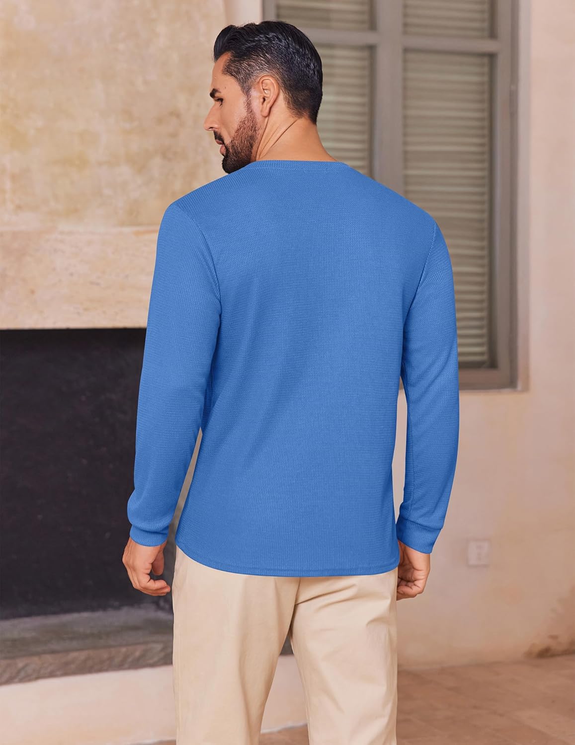 Men's Henley long-sleeve waffle shirt, back view, blue