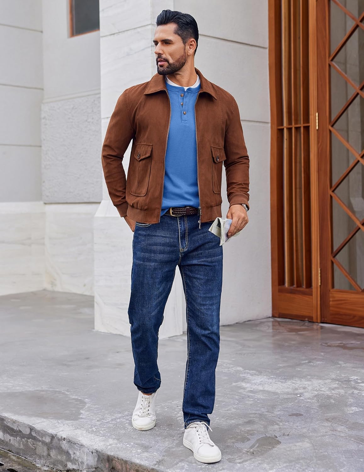Men's Henley long-sleeve waffle shirt, blue henley, front view with buttons