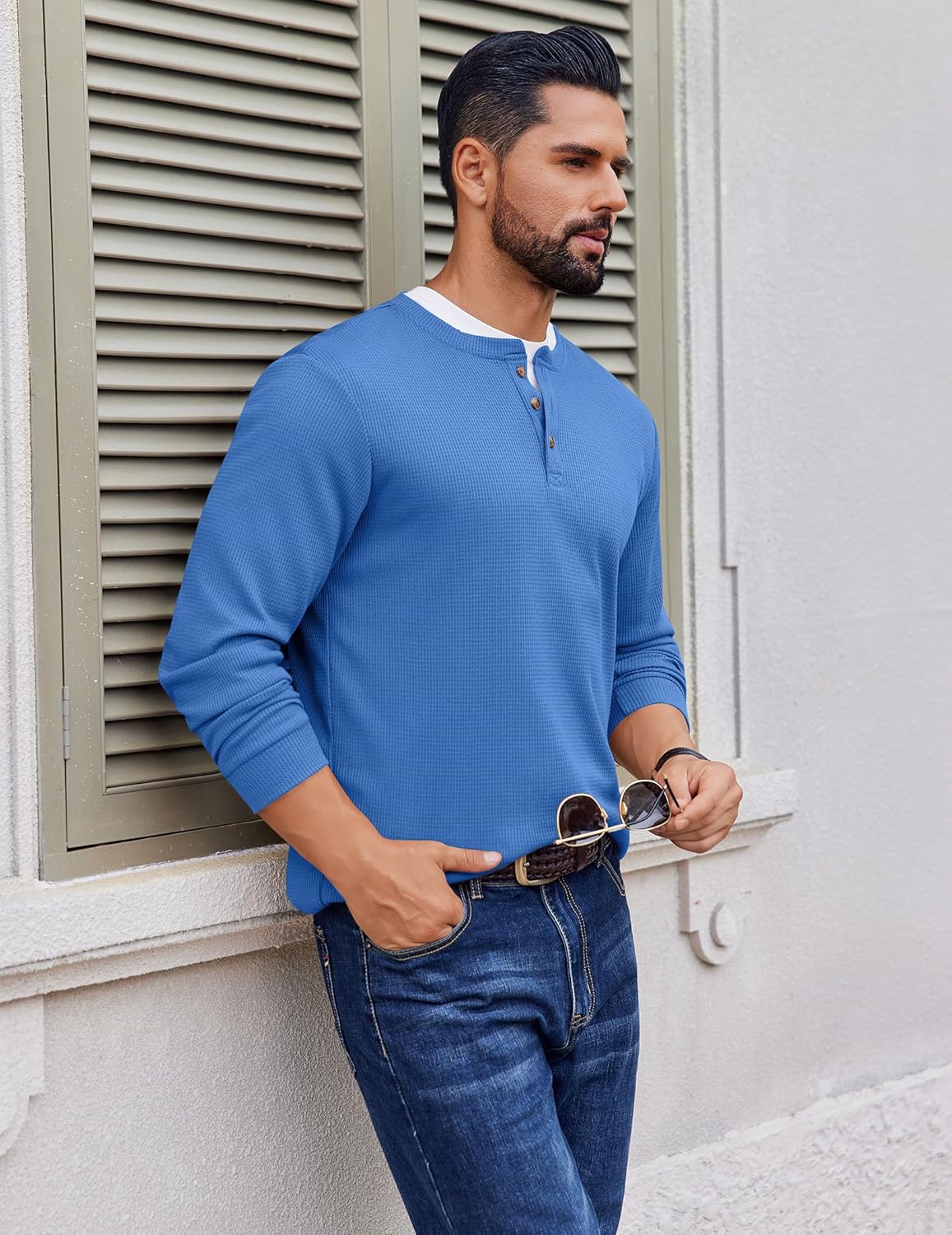 Men's Henley long-sleeve waffle shirt, side view, blue with button placket