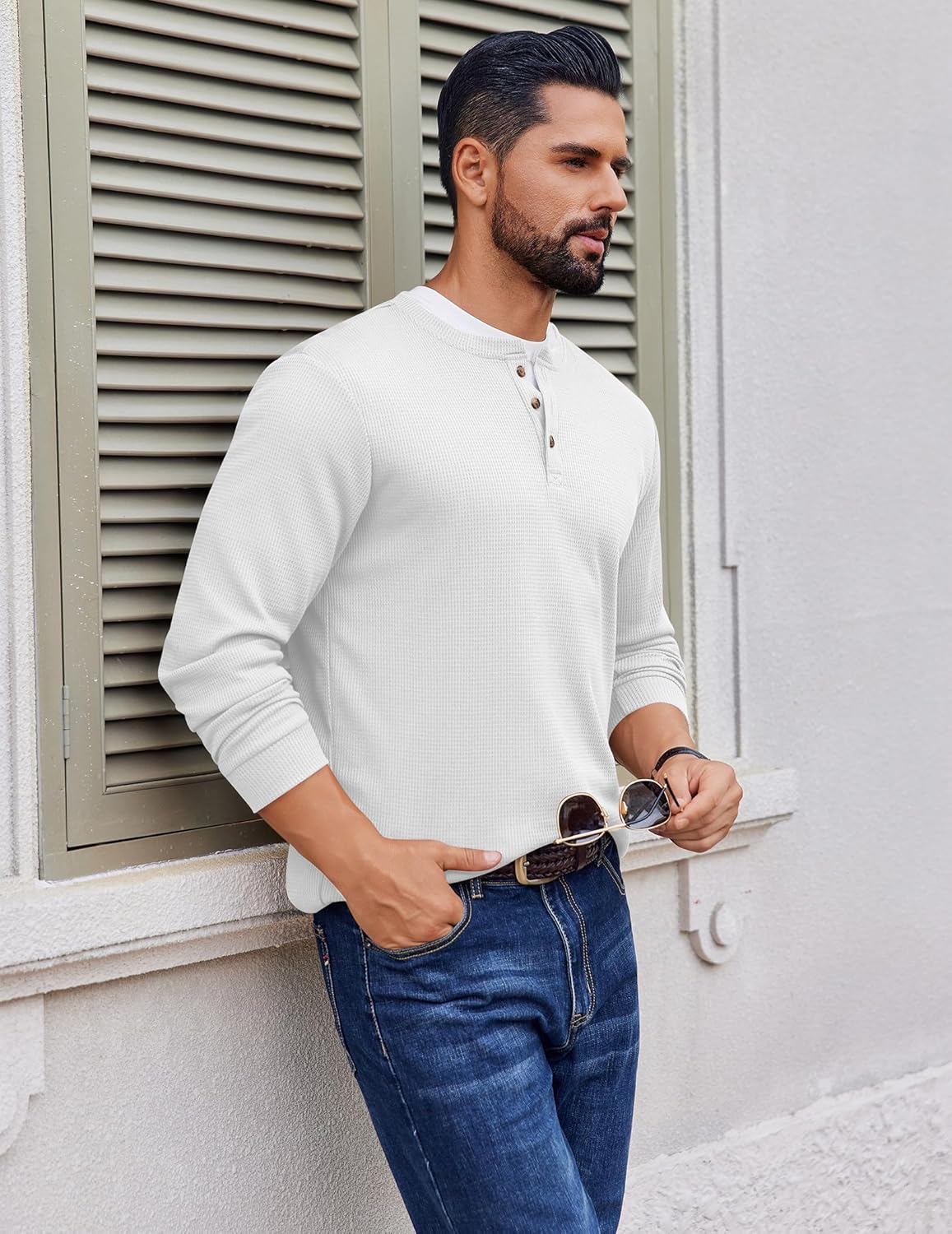 Men's waffle Henley long-sleeve shirt in white, three-quarter button placket style