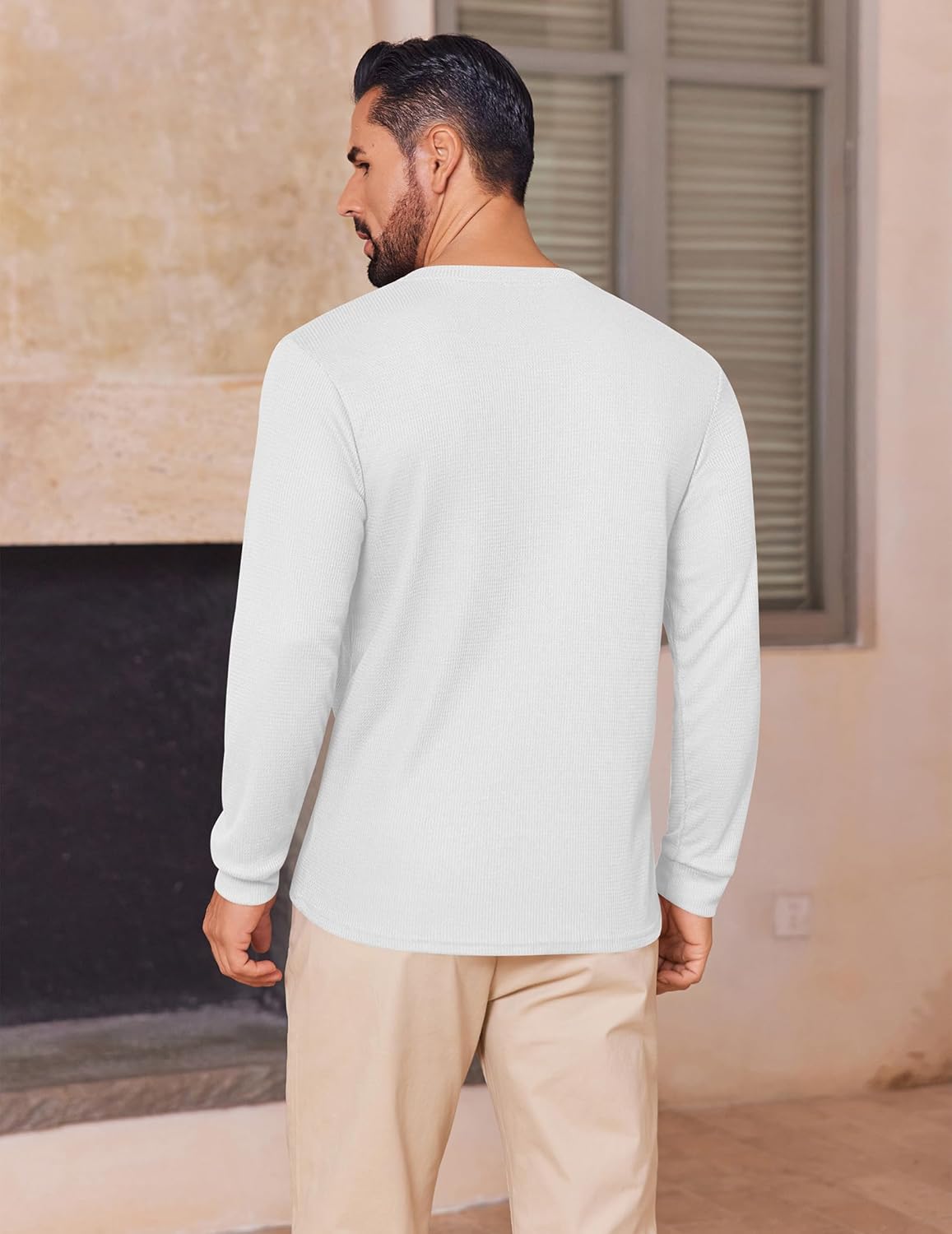 Men's waffle Henley long-sleeve shirt in white, back view