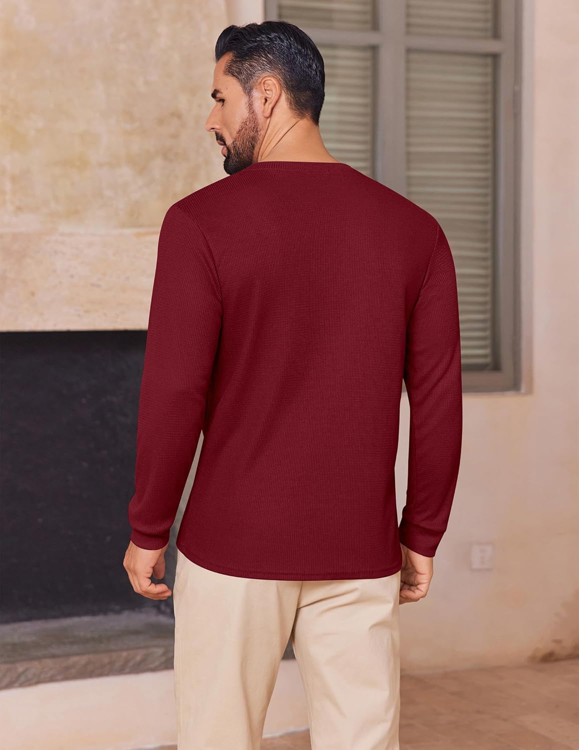 Men's Henley long-sleeve waffle shirt, back view, wine red
