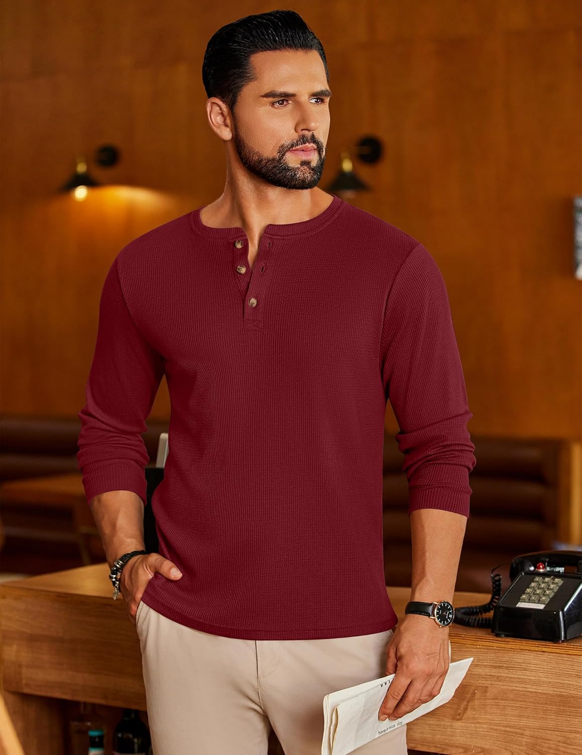 Men's Henley long-sleeve waffle shirt, 3-button placket, wine red