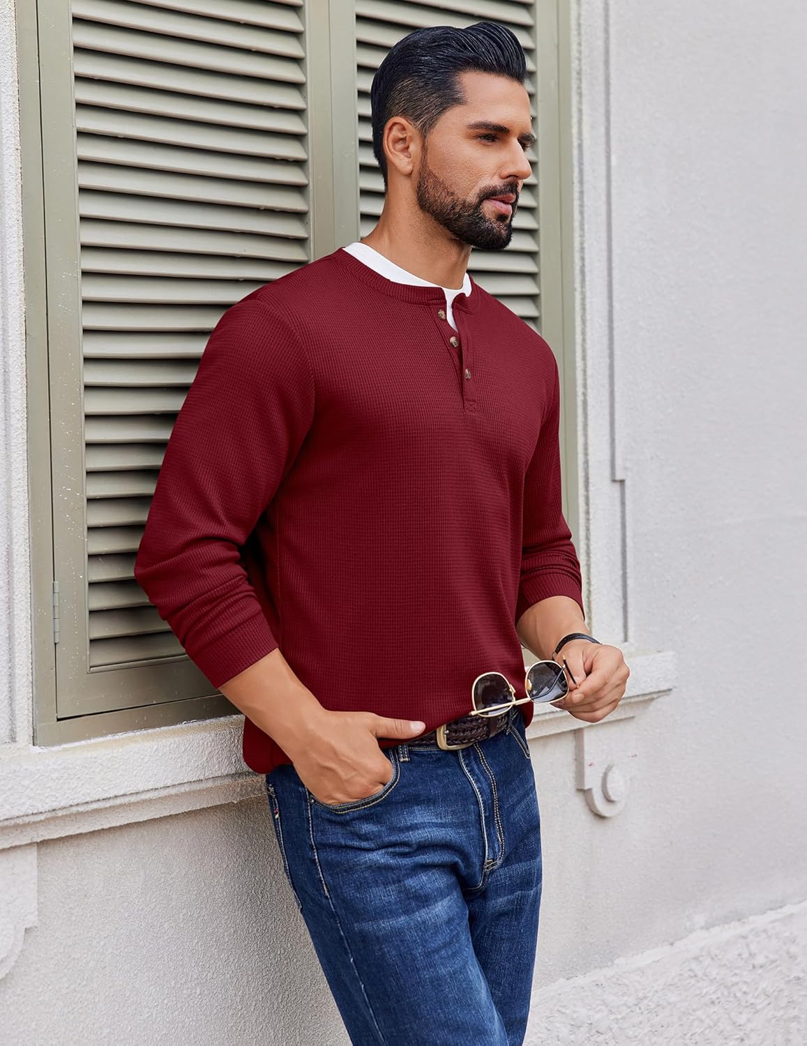 Men's waffle Henley long-sleeve shirt in wine red, button placket at neckline