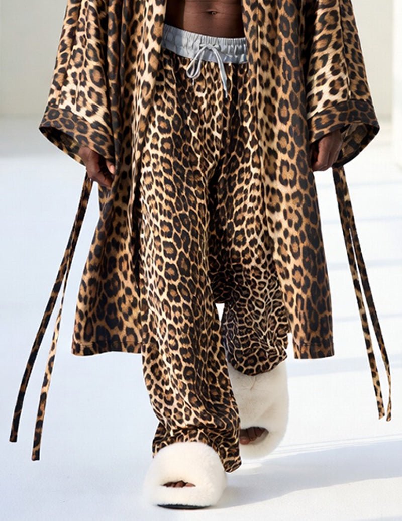 Leopard kimono robe over lounge pants set, drawstring waist, side front view