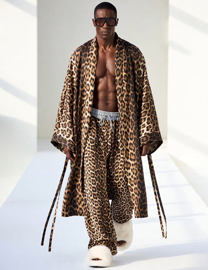 Leopard oversized kimono robe and wide-leg lounge pants set, open front, front view
