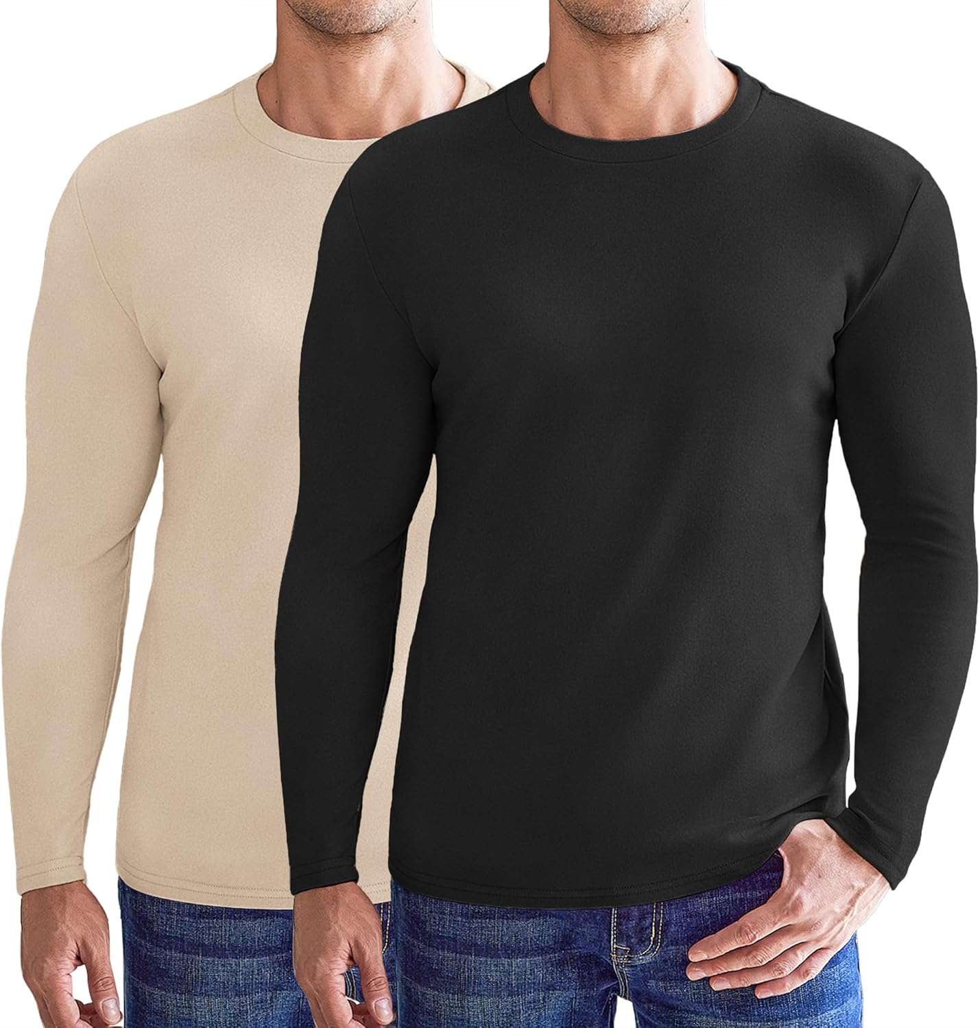 Two-pack: black and khaki long-sleeve fleece thermal sweatshirts