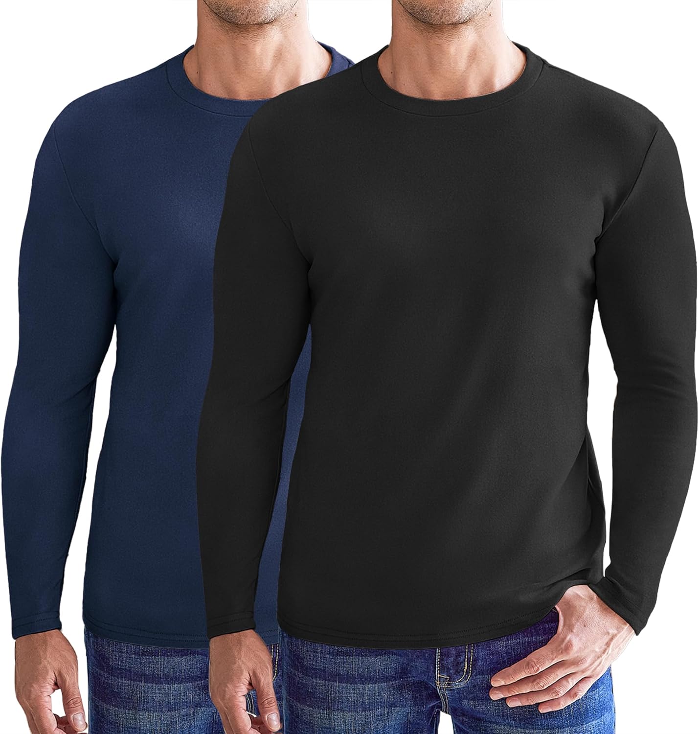 Two-pack: black and navy long-sleeve fleece thermal sweatshirts