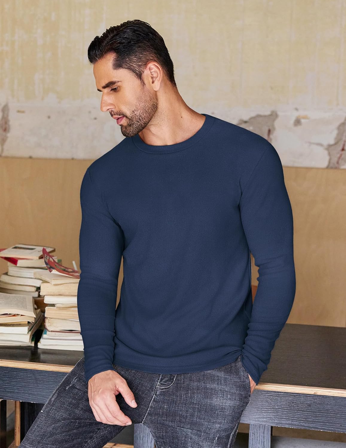 Men's long-sleeve fleece thermal sweatshirt, navy blue