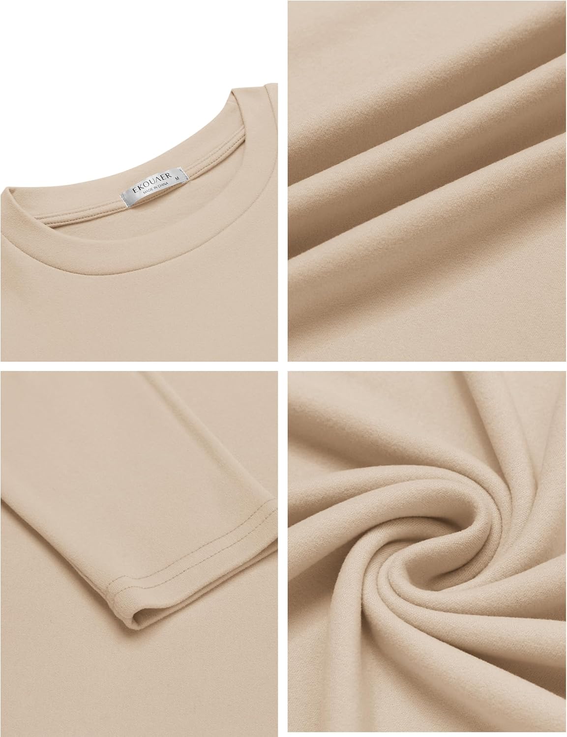 Beige crew-neck fleece thermal sweatshirt knit, close-up of neckline and fabric