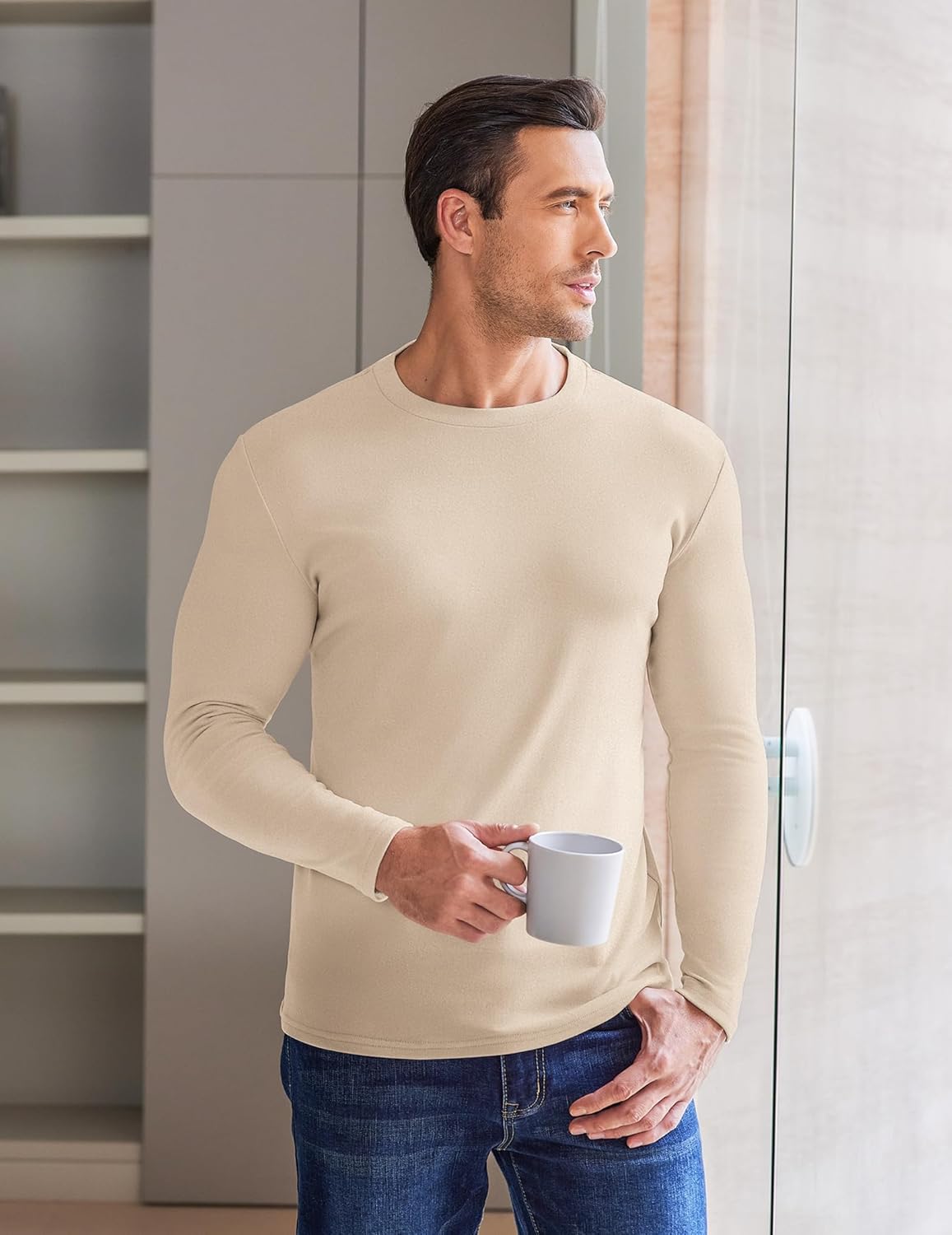 Beige men's long-sleeve fleece thermal sweatshirt, crew neck, long sleeves