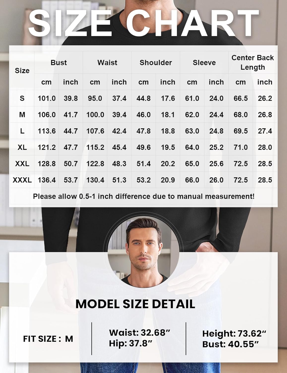 Size chart for men's long-sleeve fleece thermal sweatshirt with model fit details