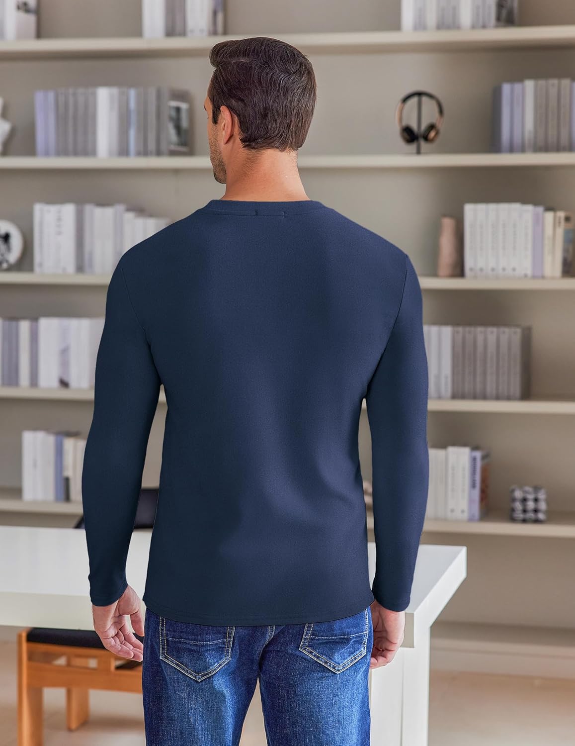 Navy long-sleeve fleece thermal sweatshirt, back view