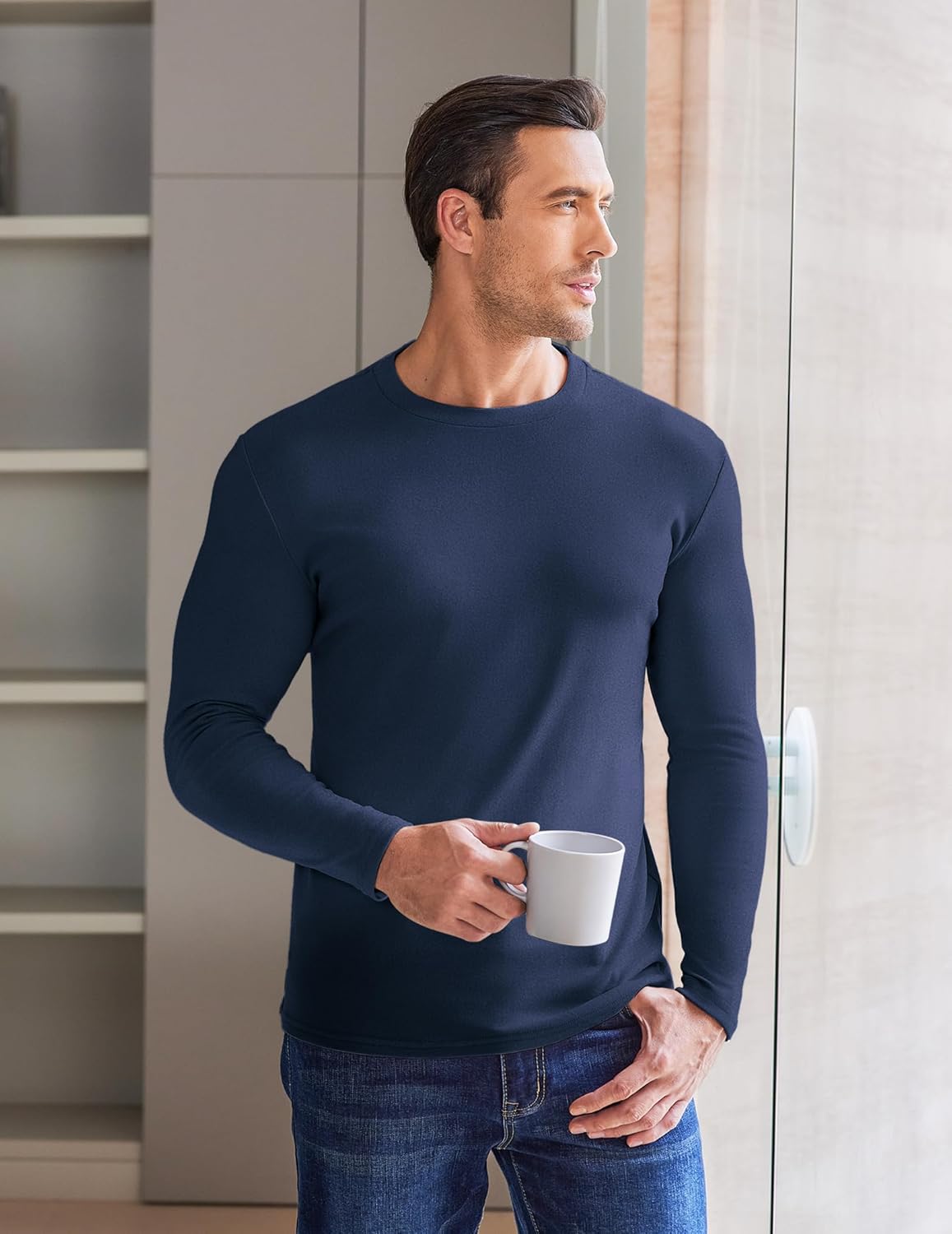 Navy crewneck fleece thermal sweatshirt with long sleeves