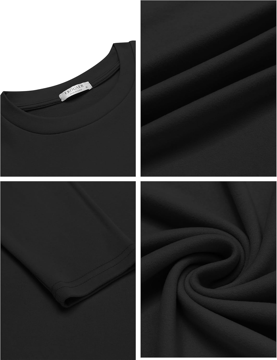 Black crew-neck fleece thermal sweatshirt, close-up of fabric texture