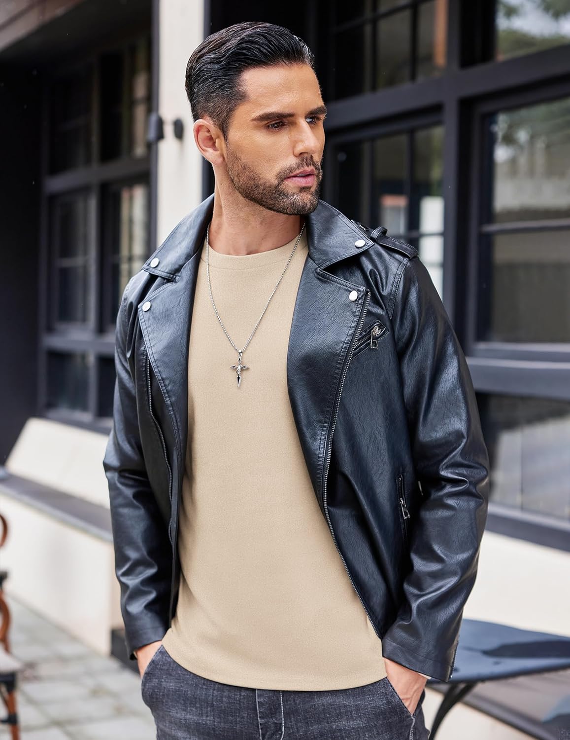 Beige long-sleeve fleece thermal sweatshirt, crew neck; layered casual look