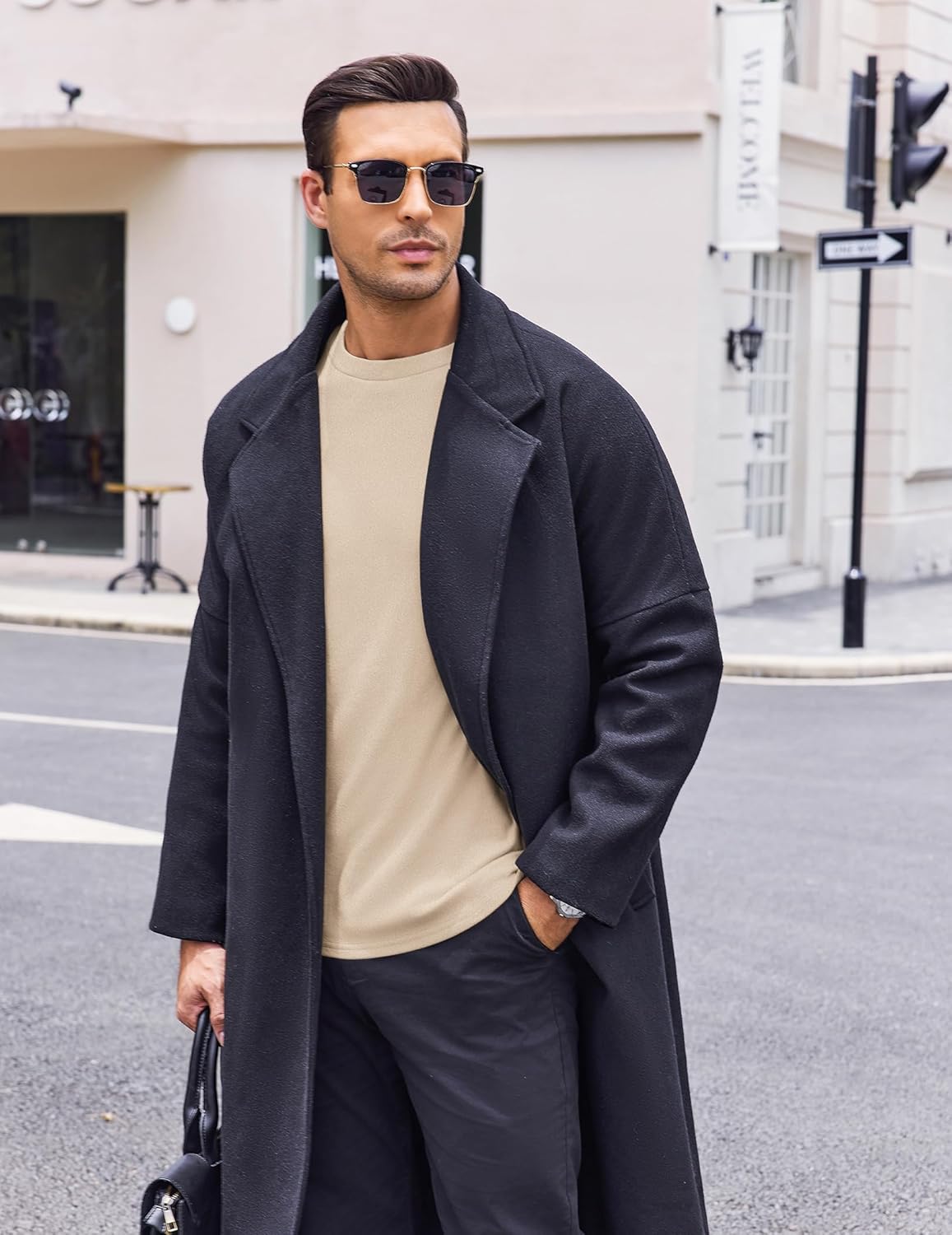 Beige crew-neck long-sleeve fleece thermal sweatshirt under dark overcoat