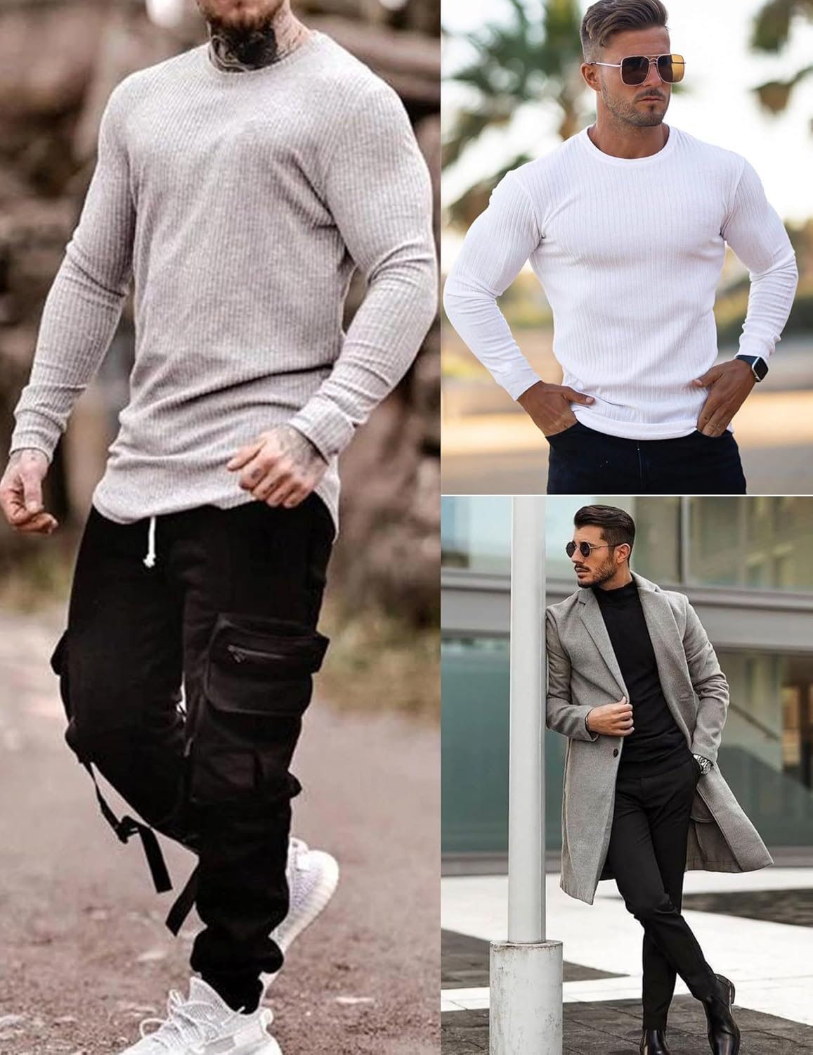 Ribbed long-sleeve sweater in light grey and white (two views)