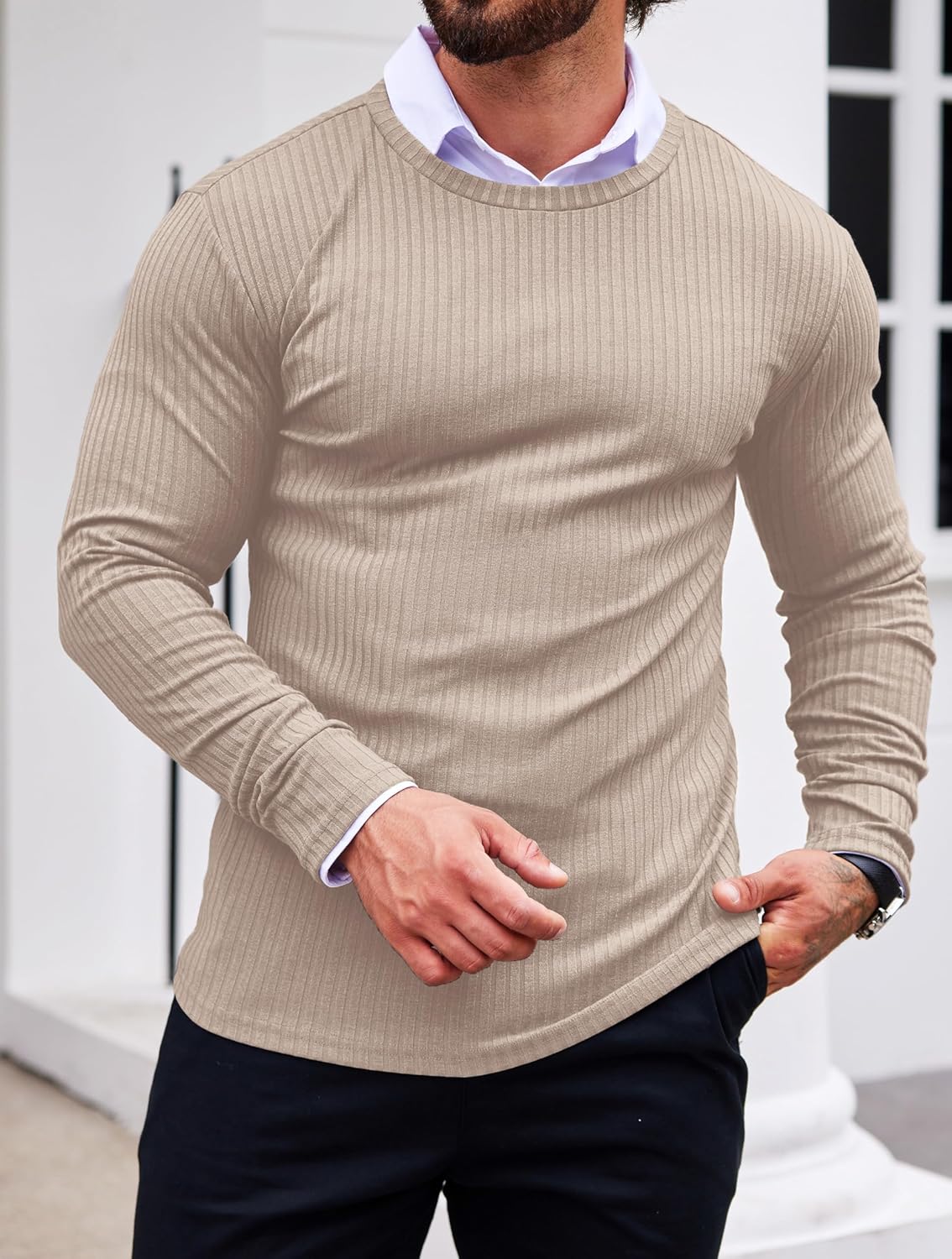 Ribbed long-sleeve knit sweater with crew neck, light beige color