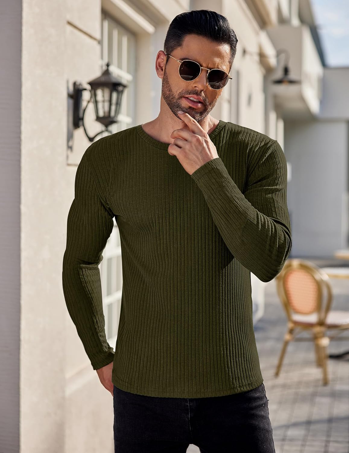 Olive green ribbed long-sleeve sweater for men, crew neck