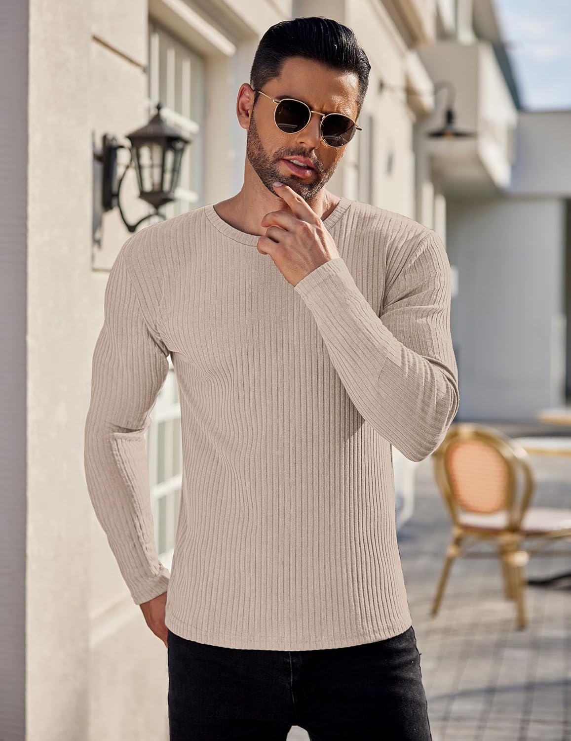 Men's ribbed long-sleeve sweater, beige knit crewneck
