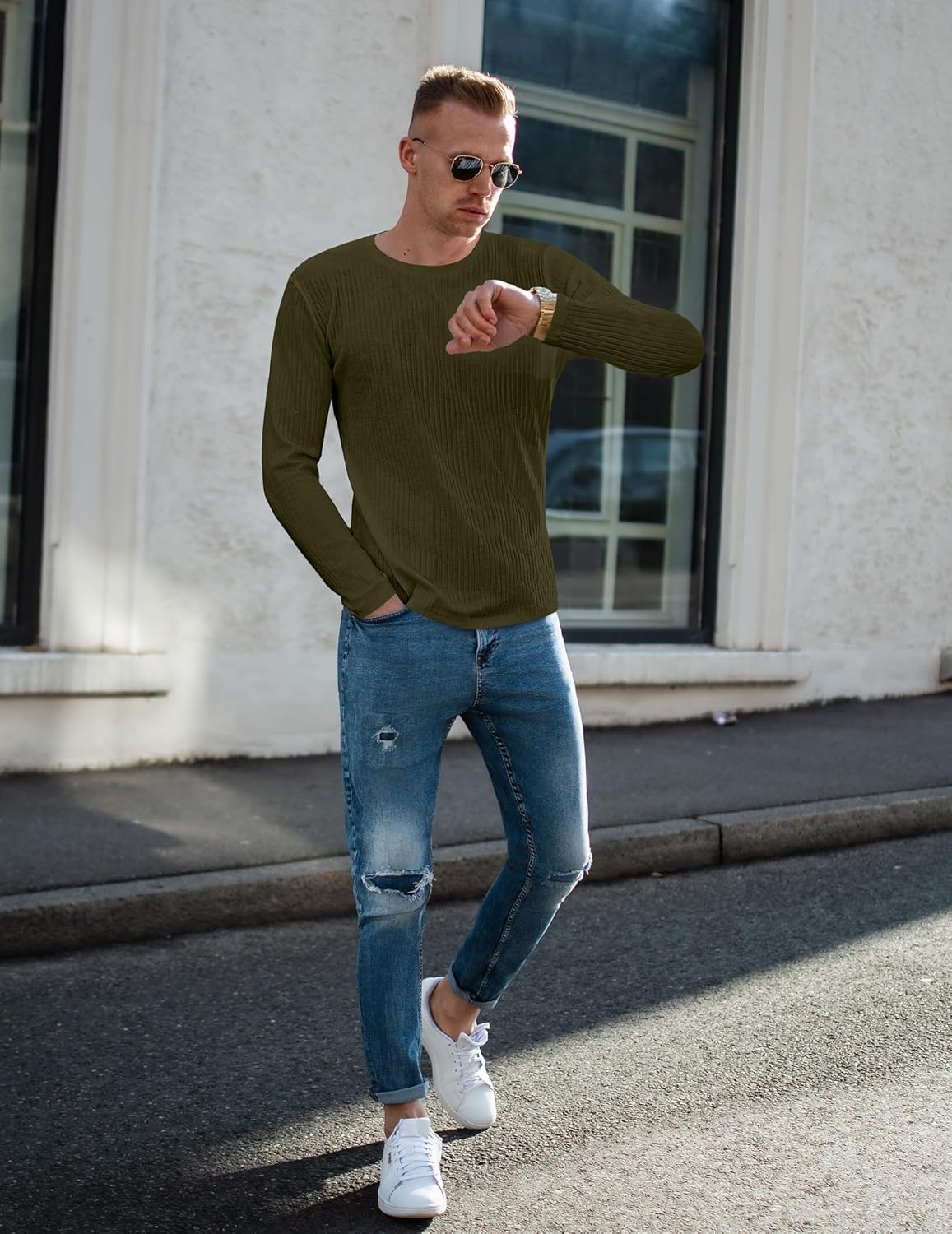 Olive green ribbed long-sleeve sweater for men, crew neck