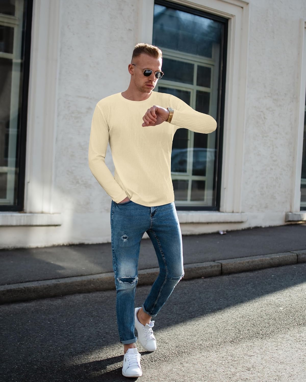 Herren Langarmshirt Rippstrick, helles Beige, gerader Schnitt