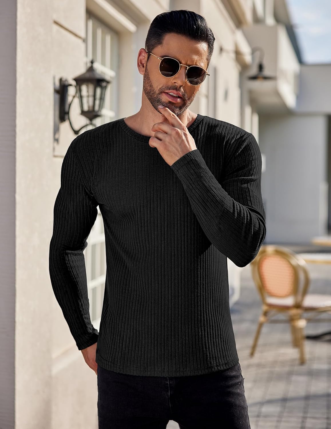 Men's ribbed long-sleeve sweater, black knit crewneck