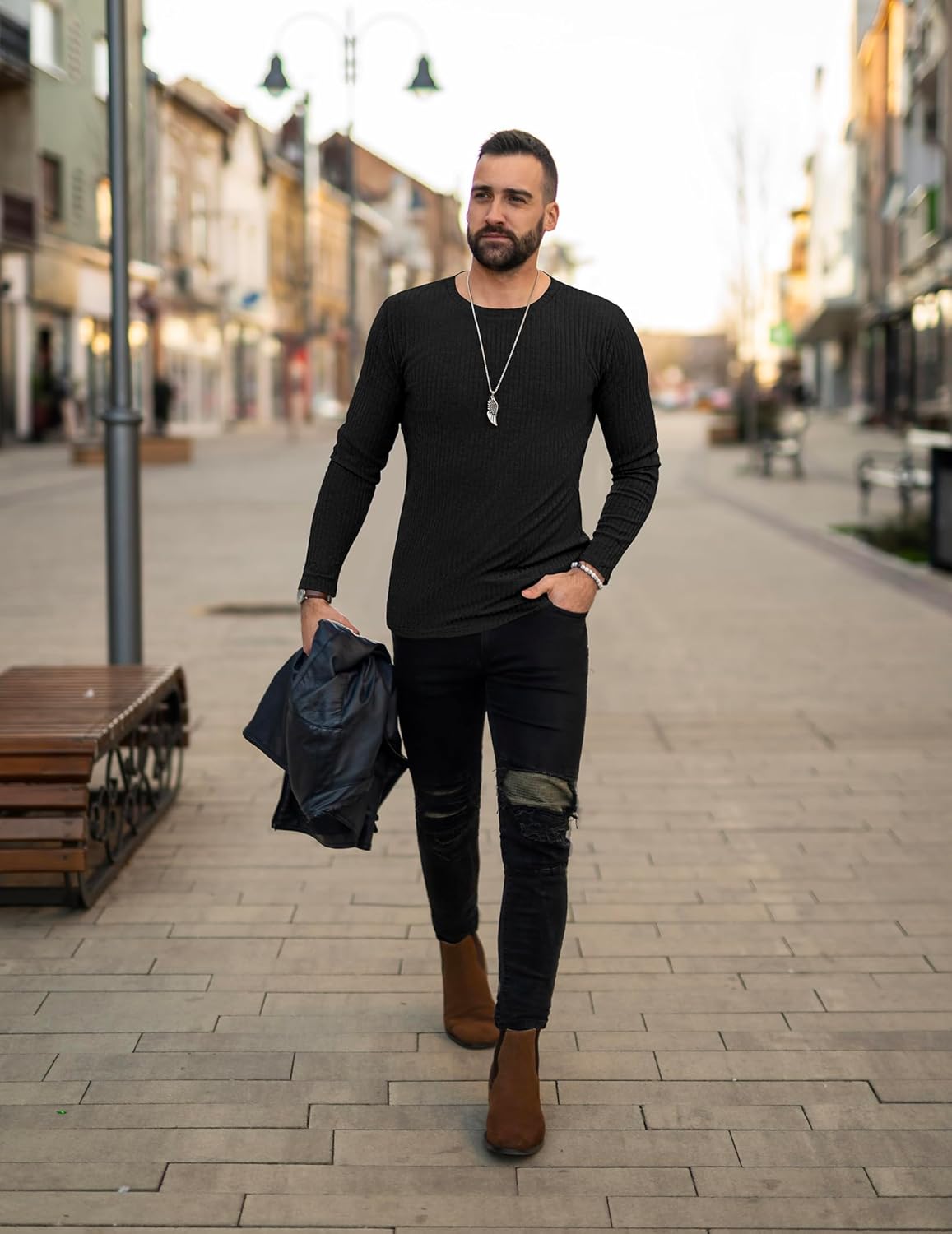 Black ribbed long-sleeve sweater with crew neck, men's fit