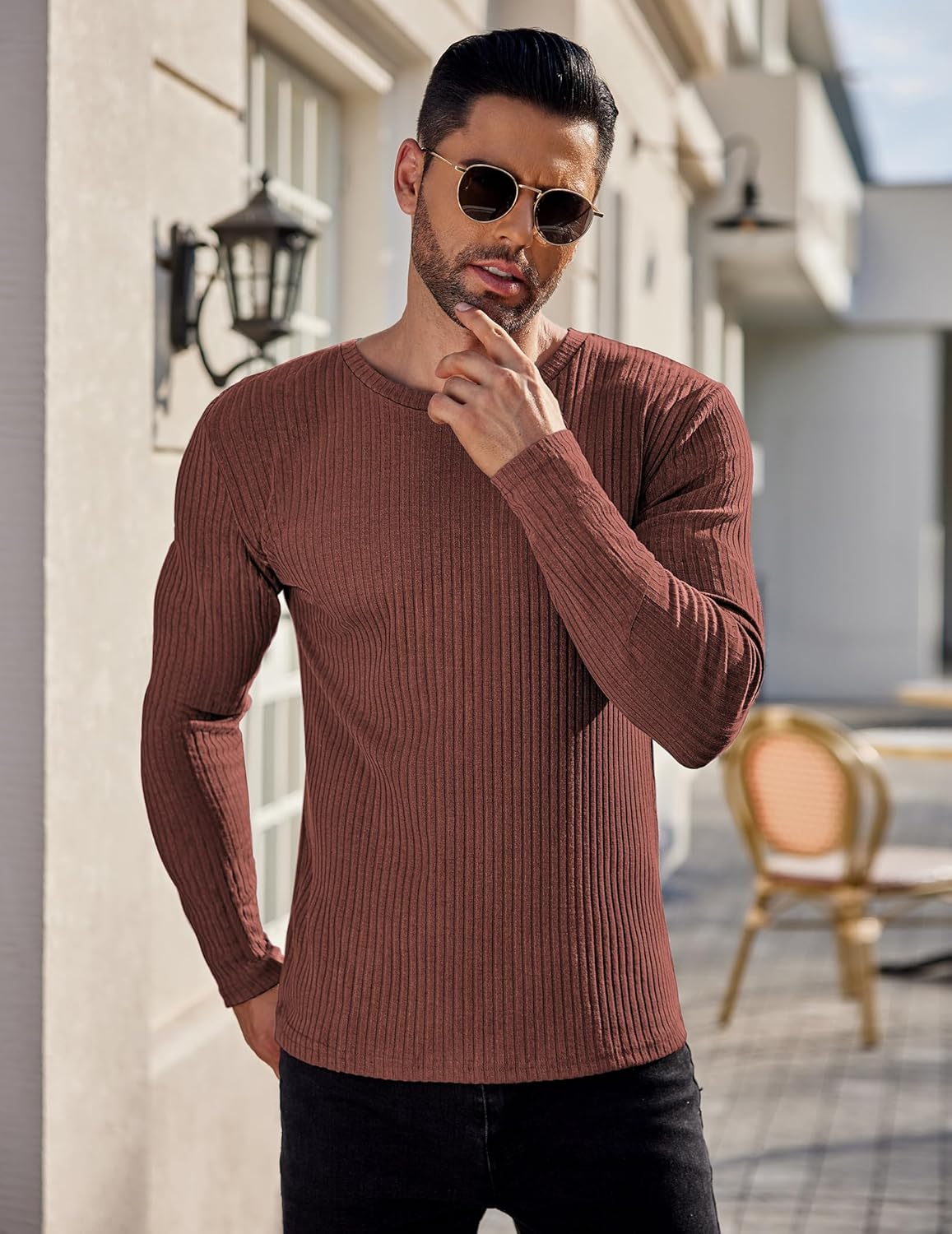 Wine red ribbed long-sleeve sweater for men, crew neck