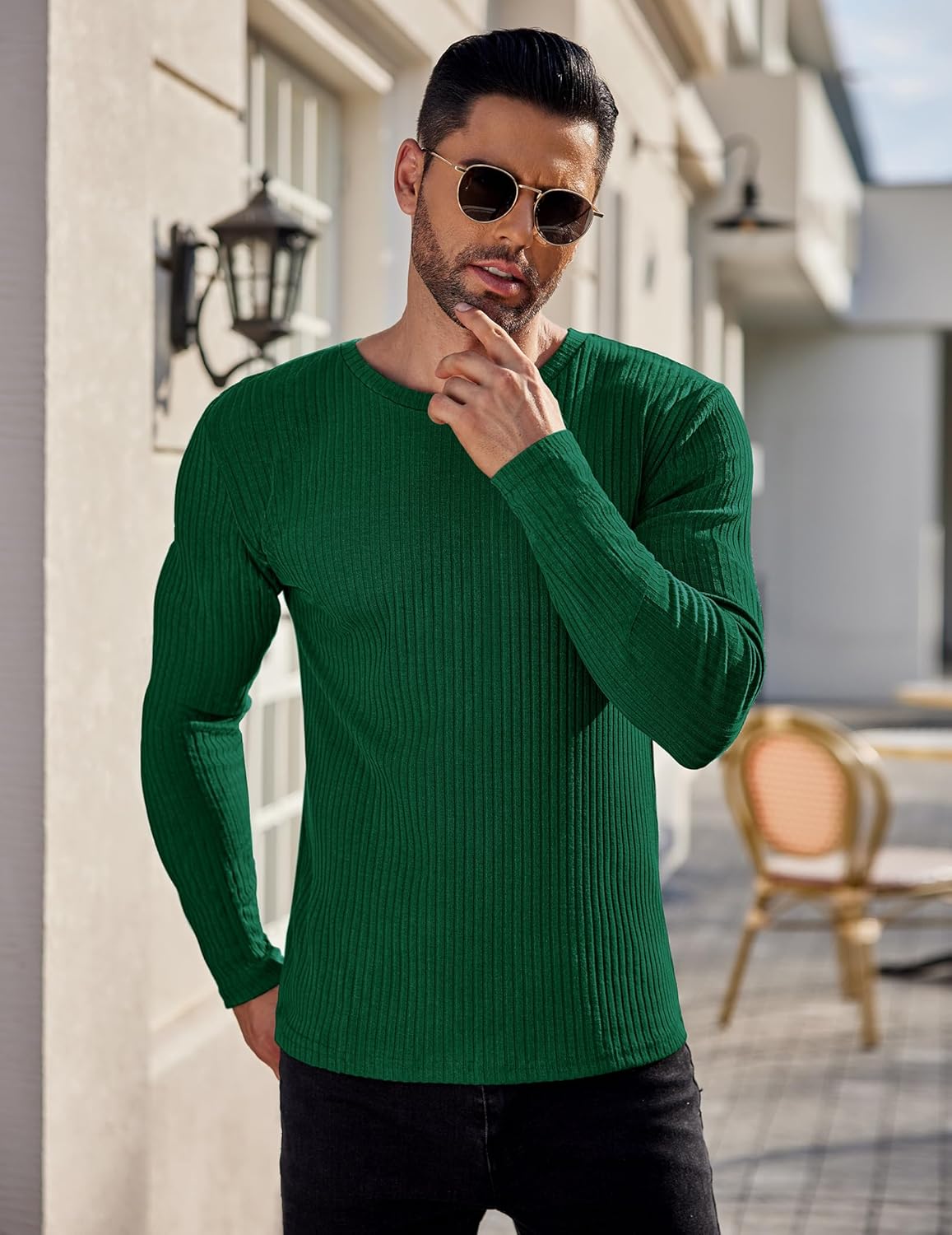 Green ribbed long-sleeve sweater for men, crew neck