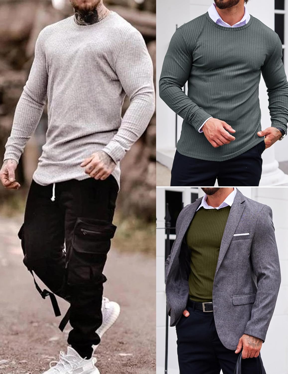 Ribbed long-sleeve sweater shown in light grey, dark green, and olive