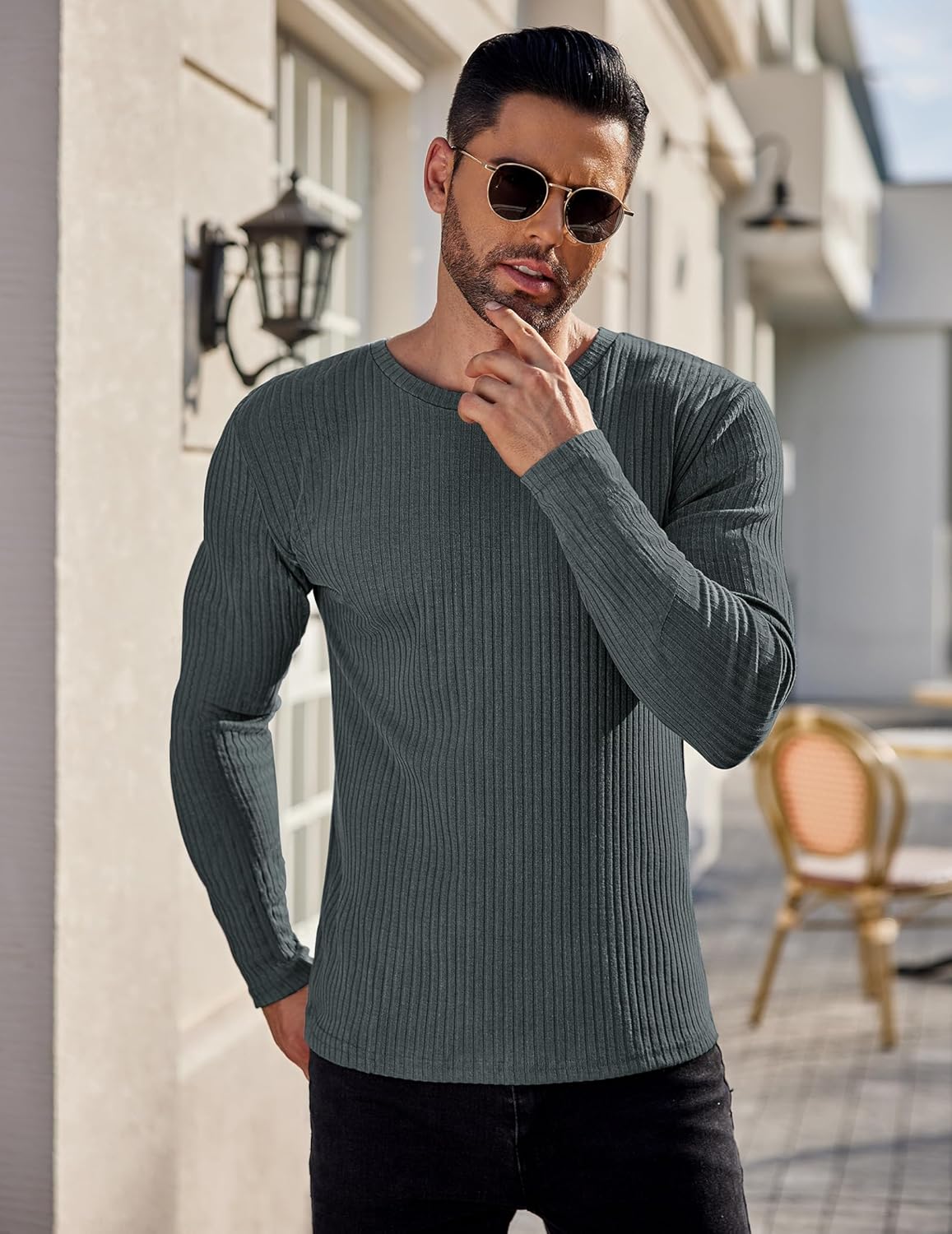 Men's ribbed long-sleeve sweater, deep green knit crewneck
