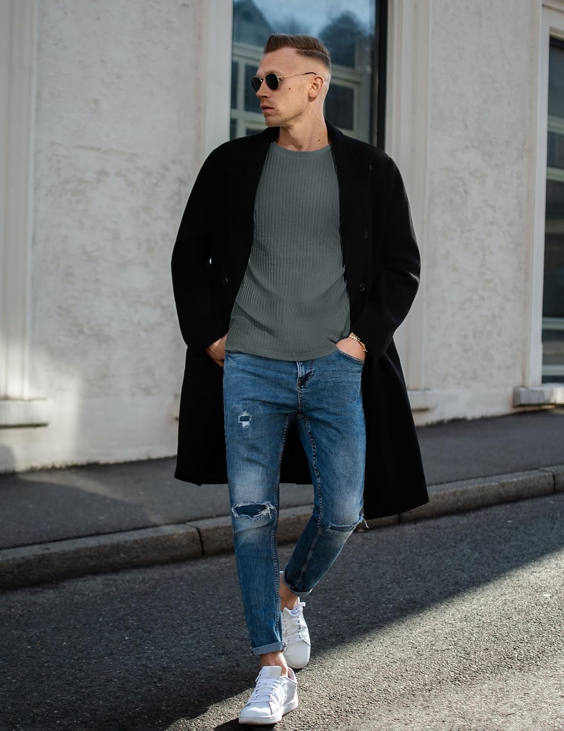 Men's ribbed long-sleeve sweater in grey, crew neck and long sleeves