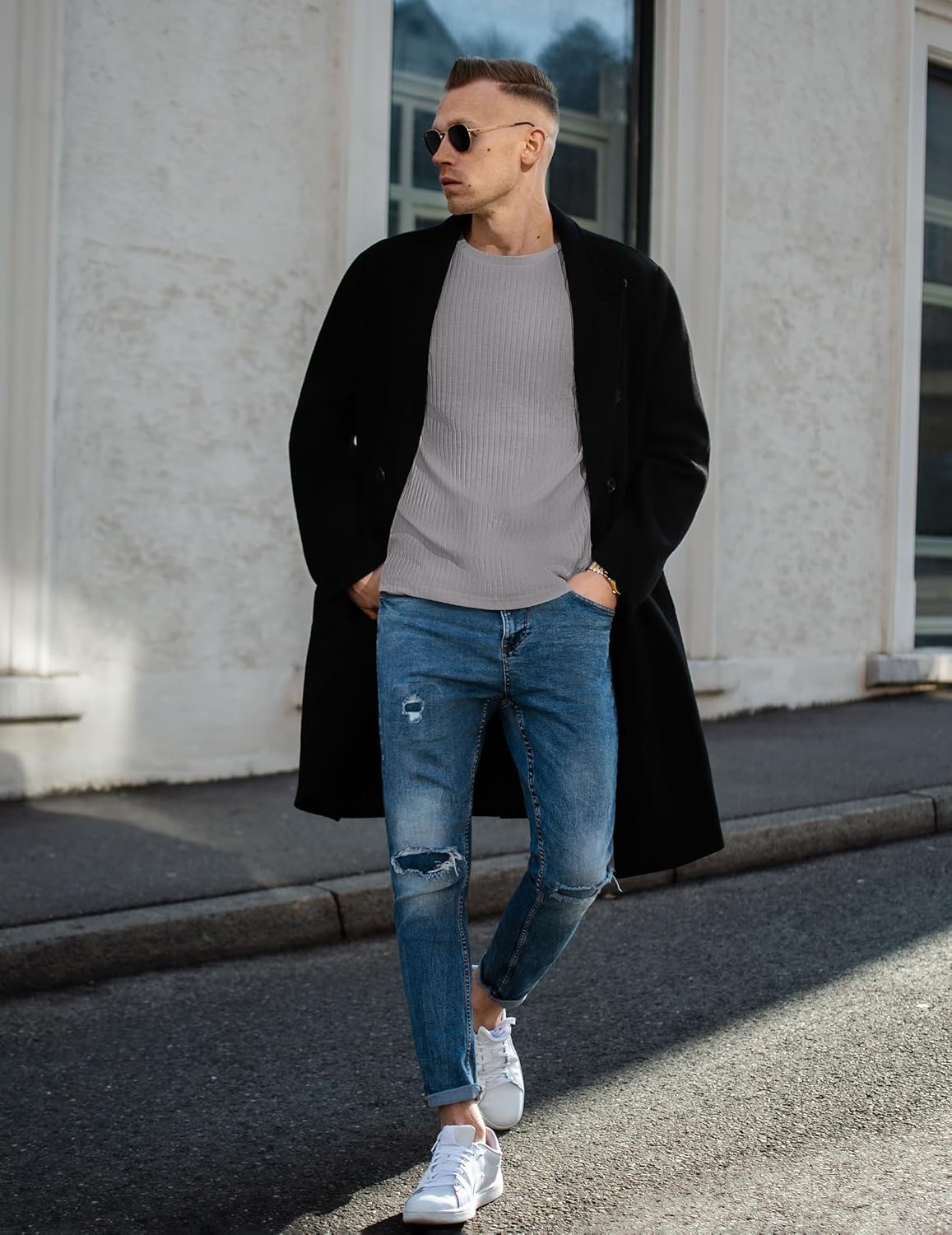 Herren Langarmshirt Rippstrick in Weiß, eng anliegend