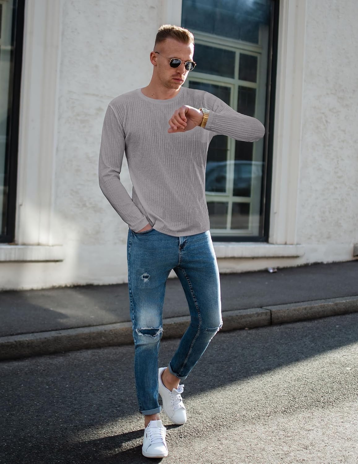 Herren Langarmshirt Rippstrick, hellgrau, mit Rundhalsausschnitt
