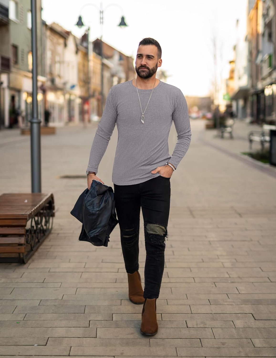 Herren Langarmshirt Rippstrick in hellem Grau, langärmlig