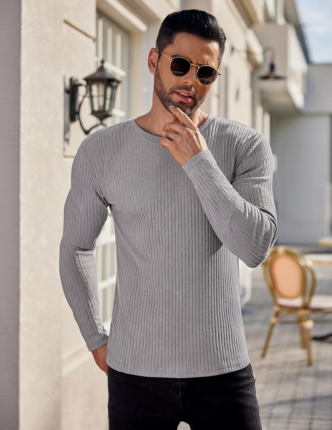 Herren Langarmshirt Rippstrick in Grau, Rundhalsausschnitt