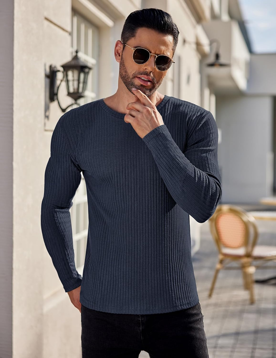 Men's ribbed long-sleeve sweater, navy knit crewneck