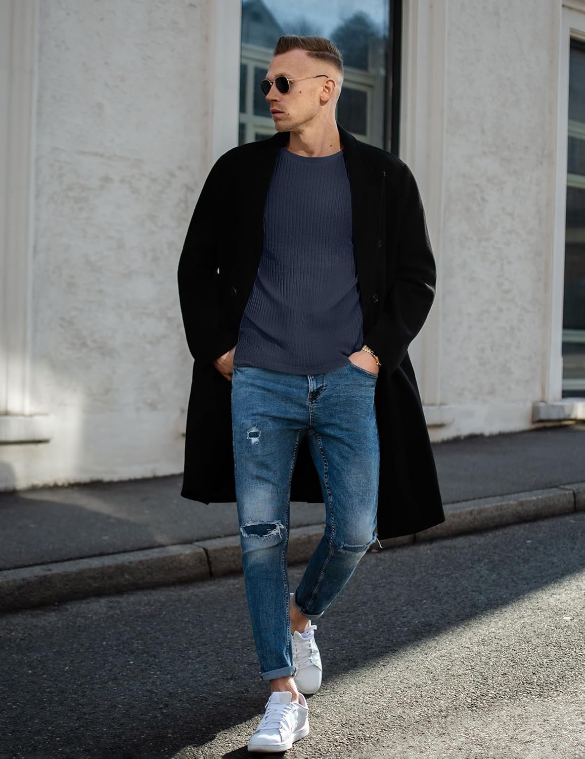 Navy ribbed long-sleeve crewneck sweater, front view