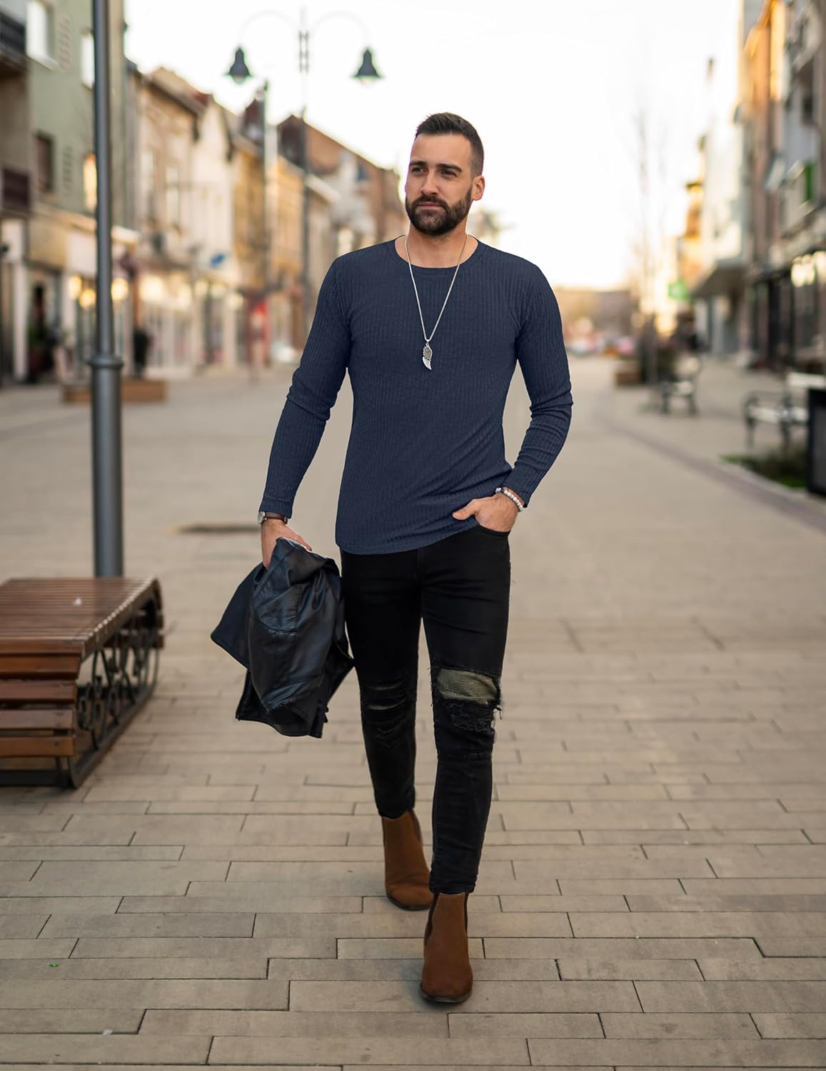 Navy ribbed long-sleeve sweater with crew neck, men's fit