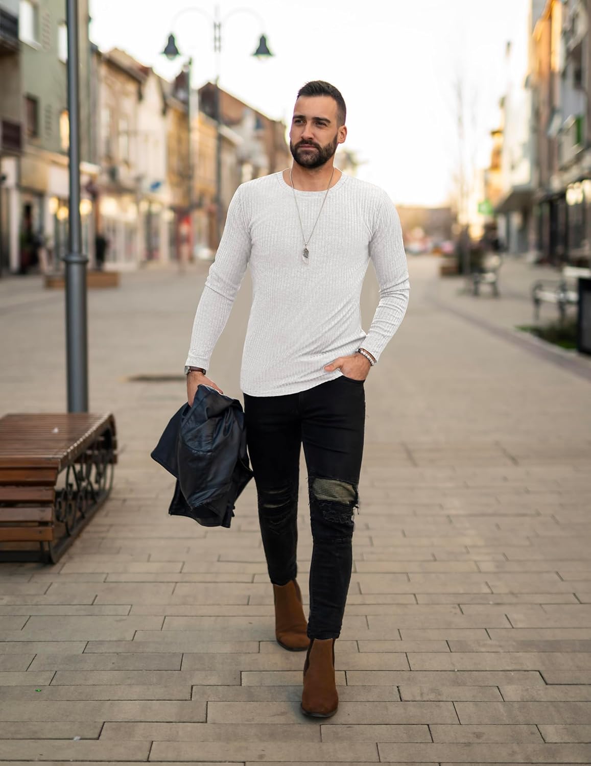 Men's ribbed long-sleeve sweater in white, crew neck with ribbed fabric detail