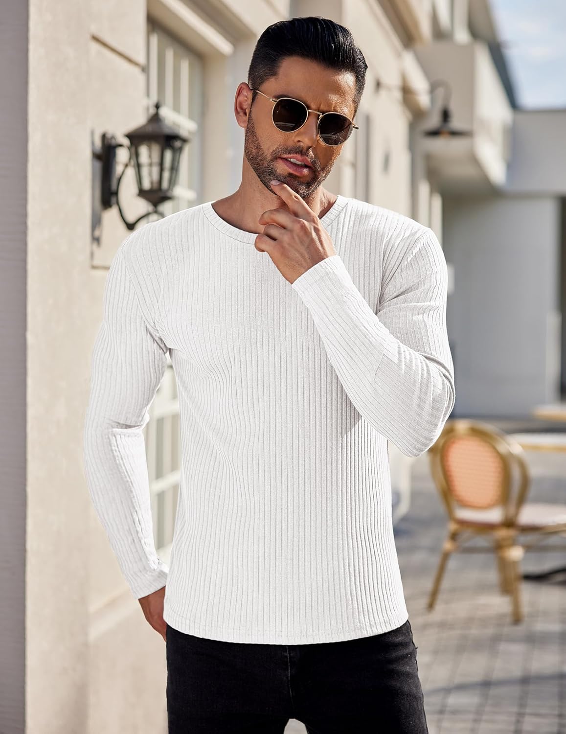Men's ribbed long-sleeve sweater in white, crew neck with vertical knit texture