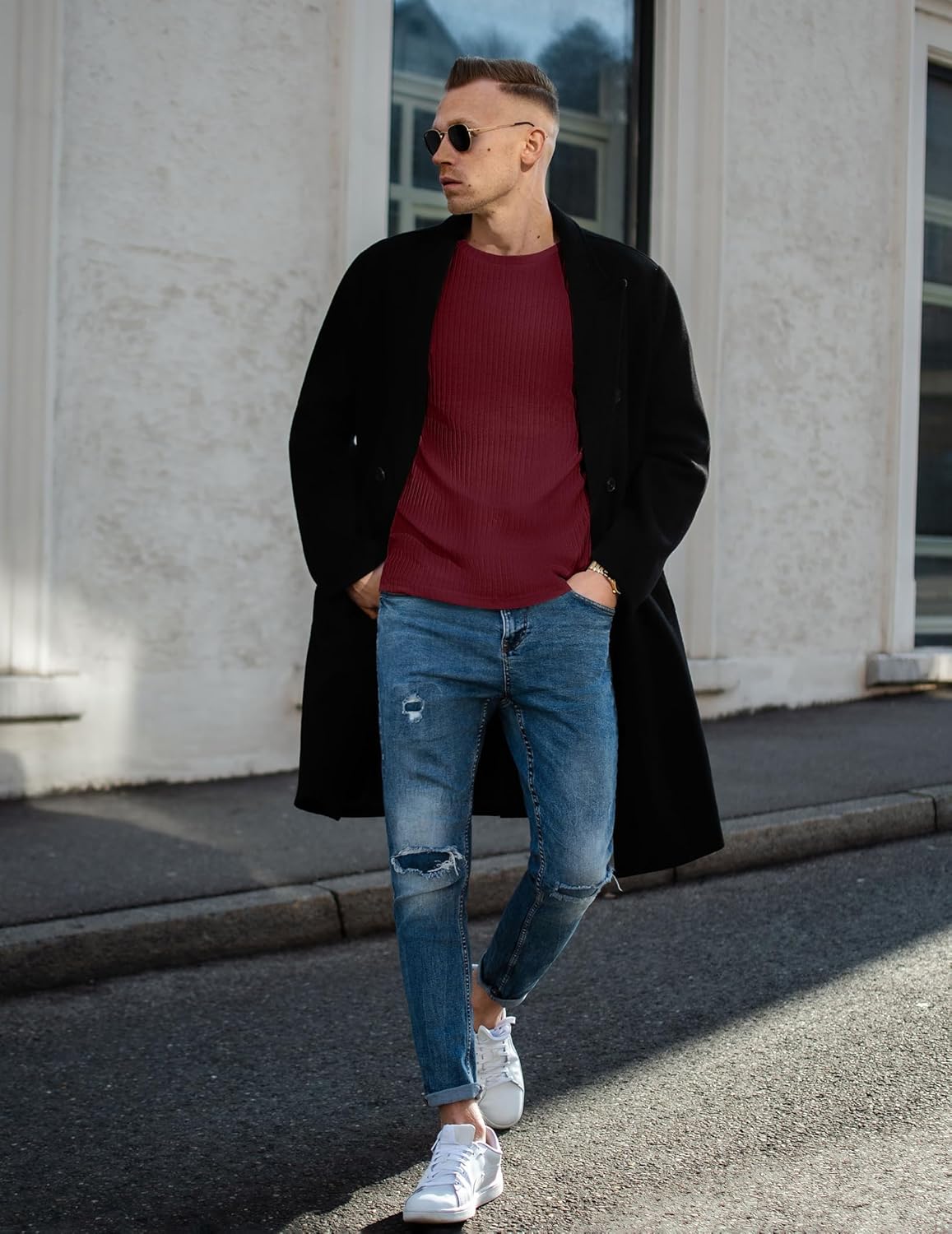 Men's ribbed long-sleeve sweater in wine red, crew neck and ribbed cuffs