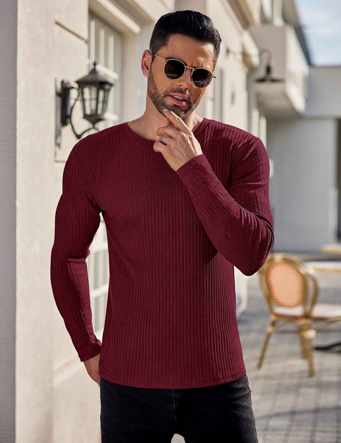 Men's ribbed long-sleeve sweater in wine red, crew neck with textured knit