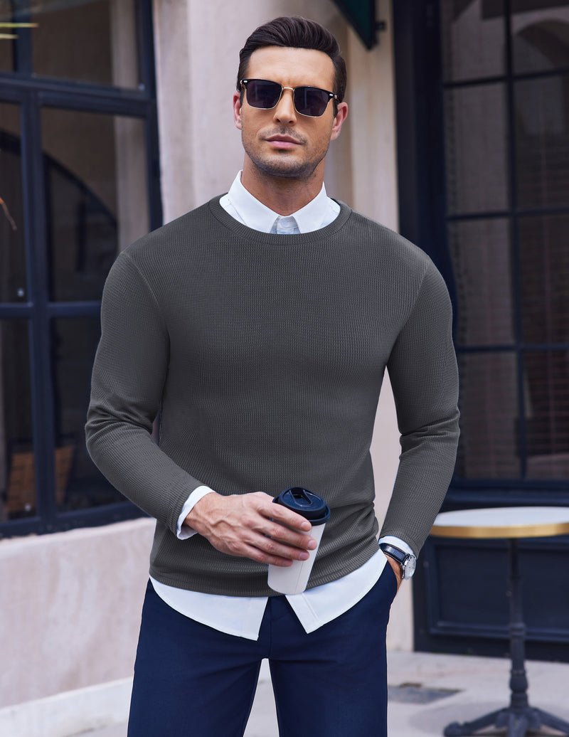 Herren Longsleeve Waffelstrickshirt, Olivgrün, Rundhalsausschnitt mit Rippbündchen